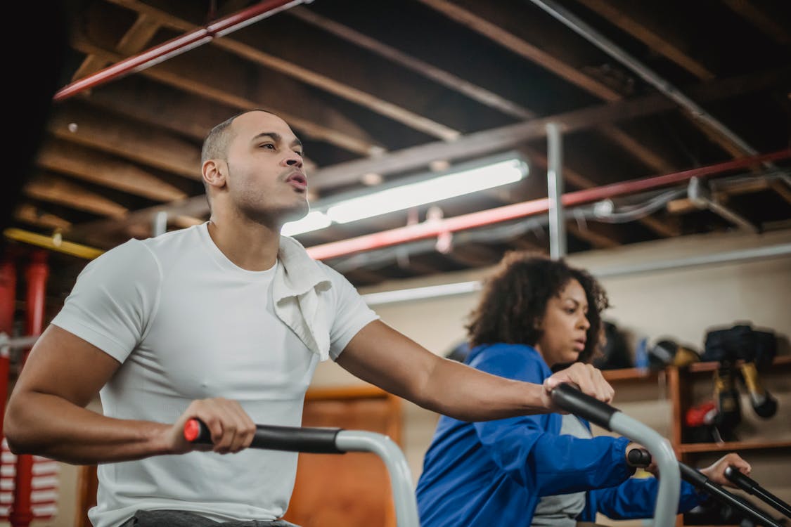 Free Determined diverse sportspeople exercising on stationary bikes in gym Stock Photo
