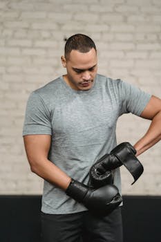 Concentrated young strong ethnic male athlete in sportswear wearing boxing gloves while standing near white brick wall in gym