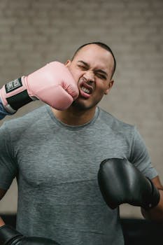 Muscular young ethnic male boxer in activewear receiving heavy punch on face from crop anonymous fighter