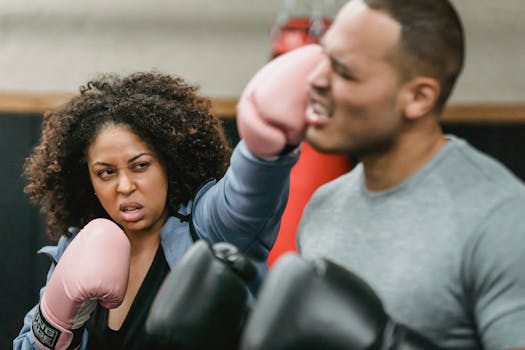 Aggressive African American female fighter wearing gloves punching black coach in activewear while practicing exercise during boxing workout in gym