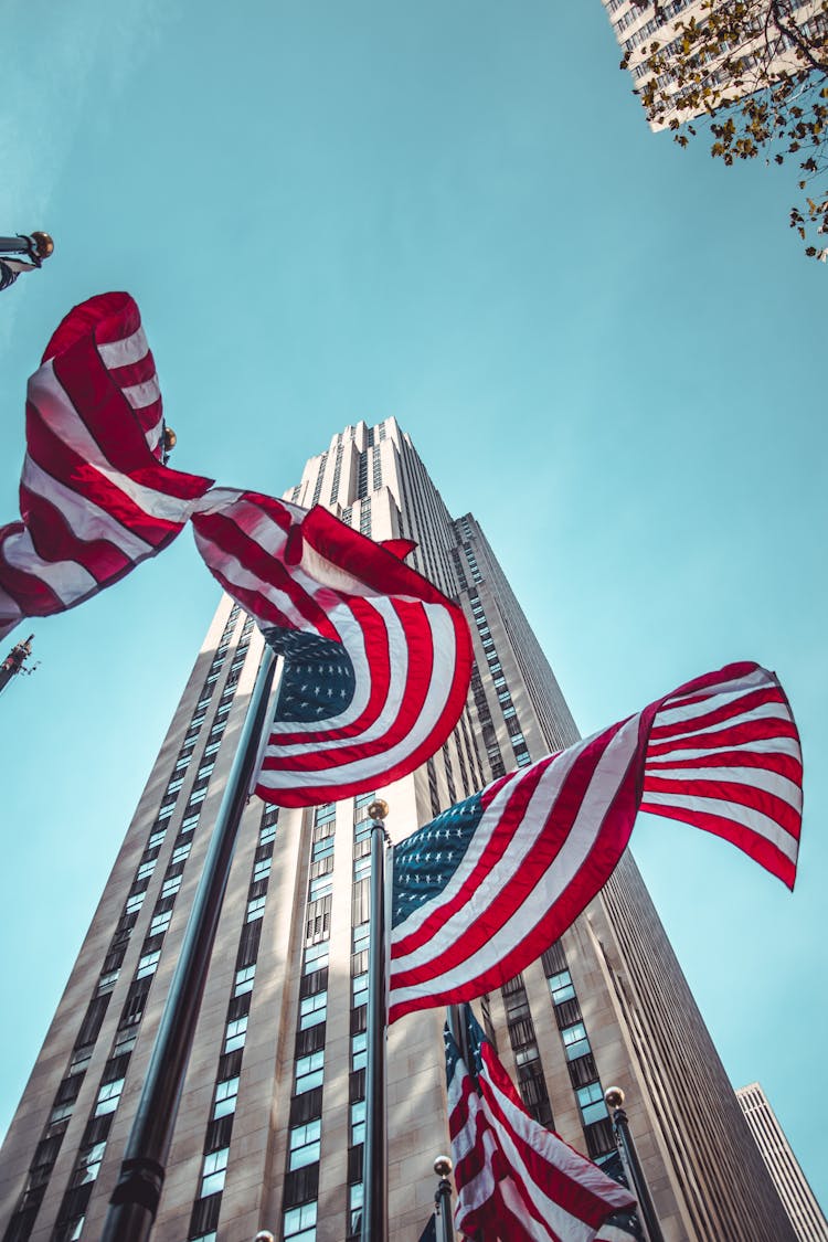 USA Flags On Poles