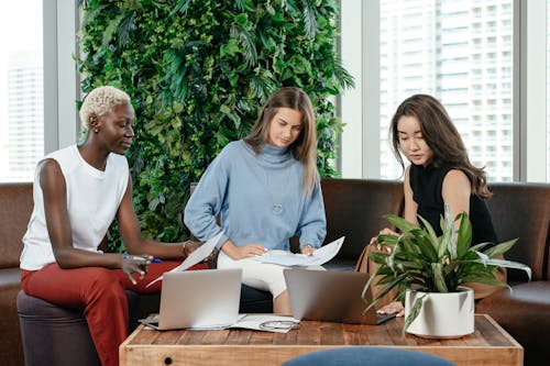 Diverse women working together at table with laptops