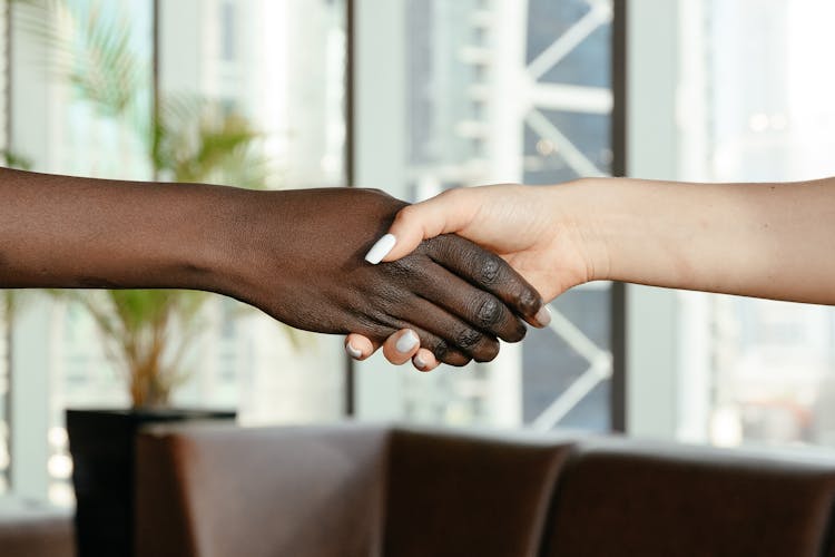 Multiracial Women Shaking Hands In Modern Office