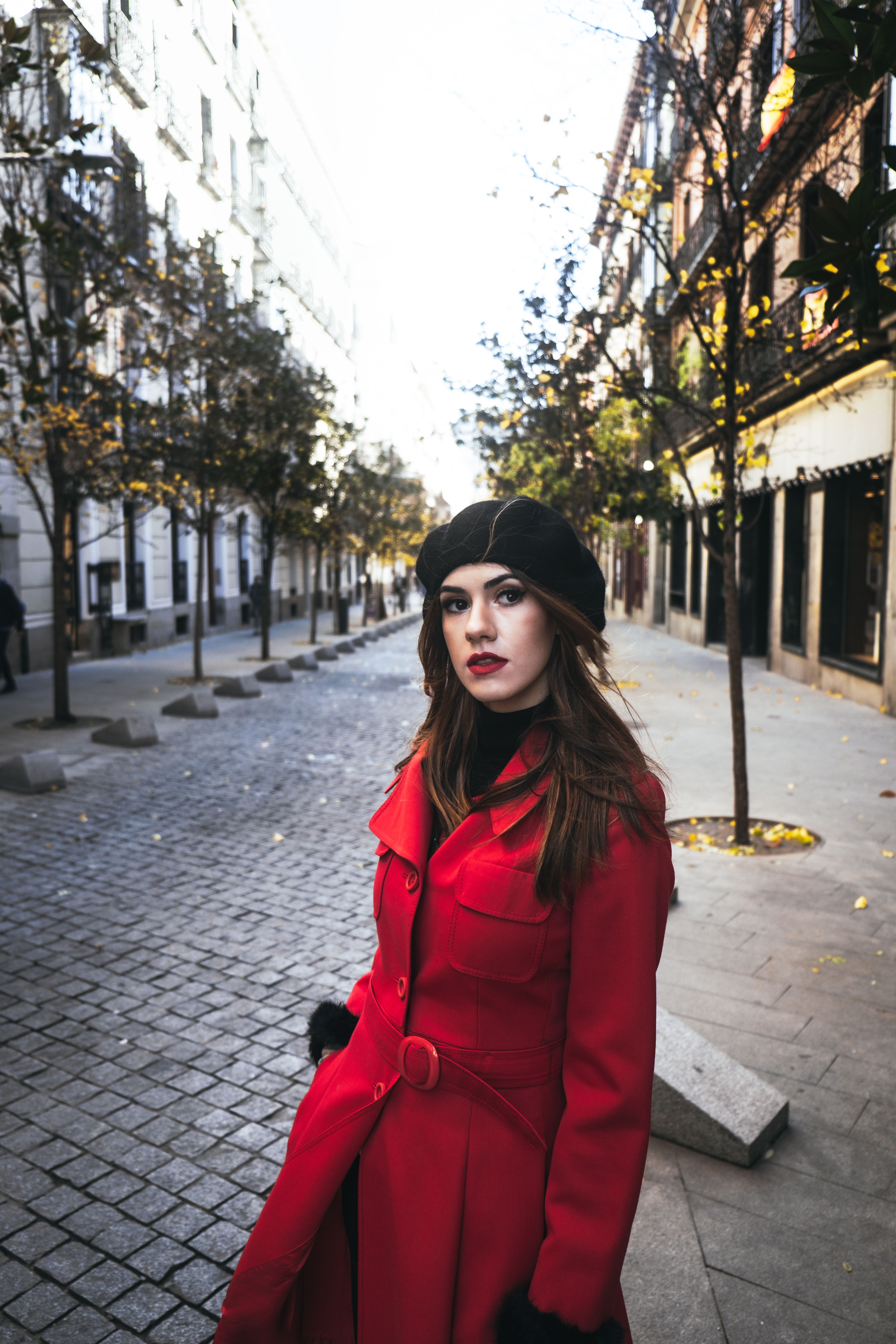 Red wool coat with beret festive look