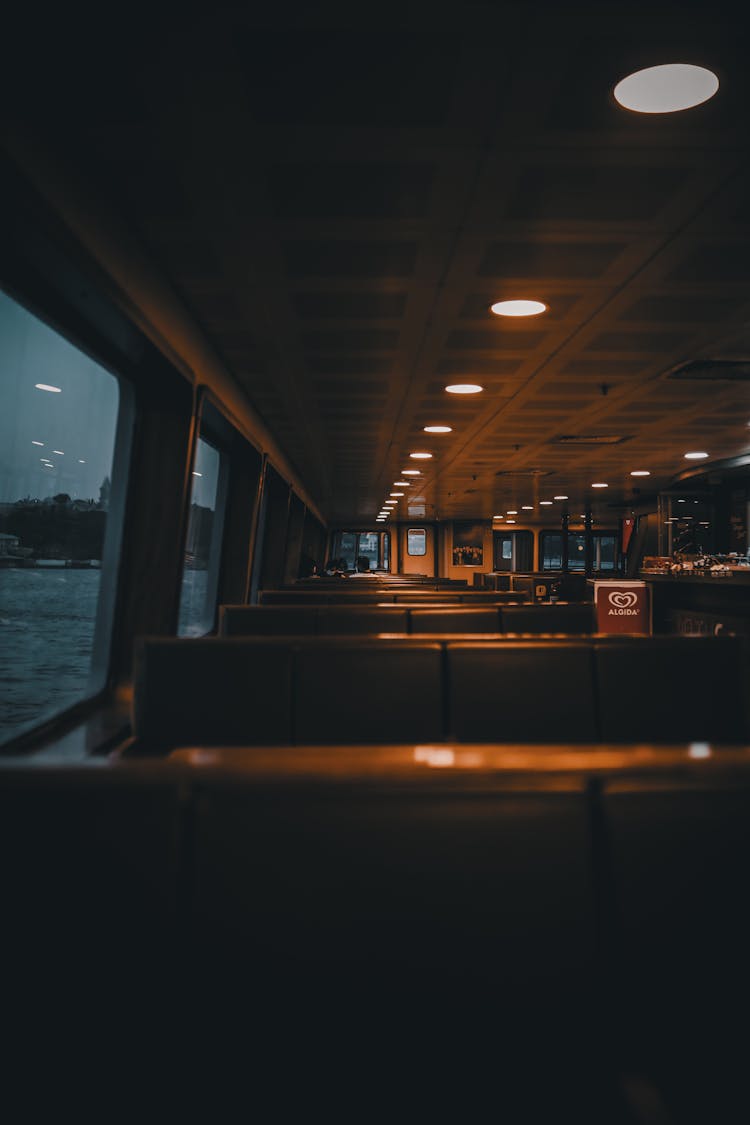 Interior Of Modern Cruise Ship Floating On Sea In Evening