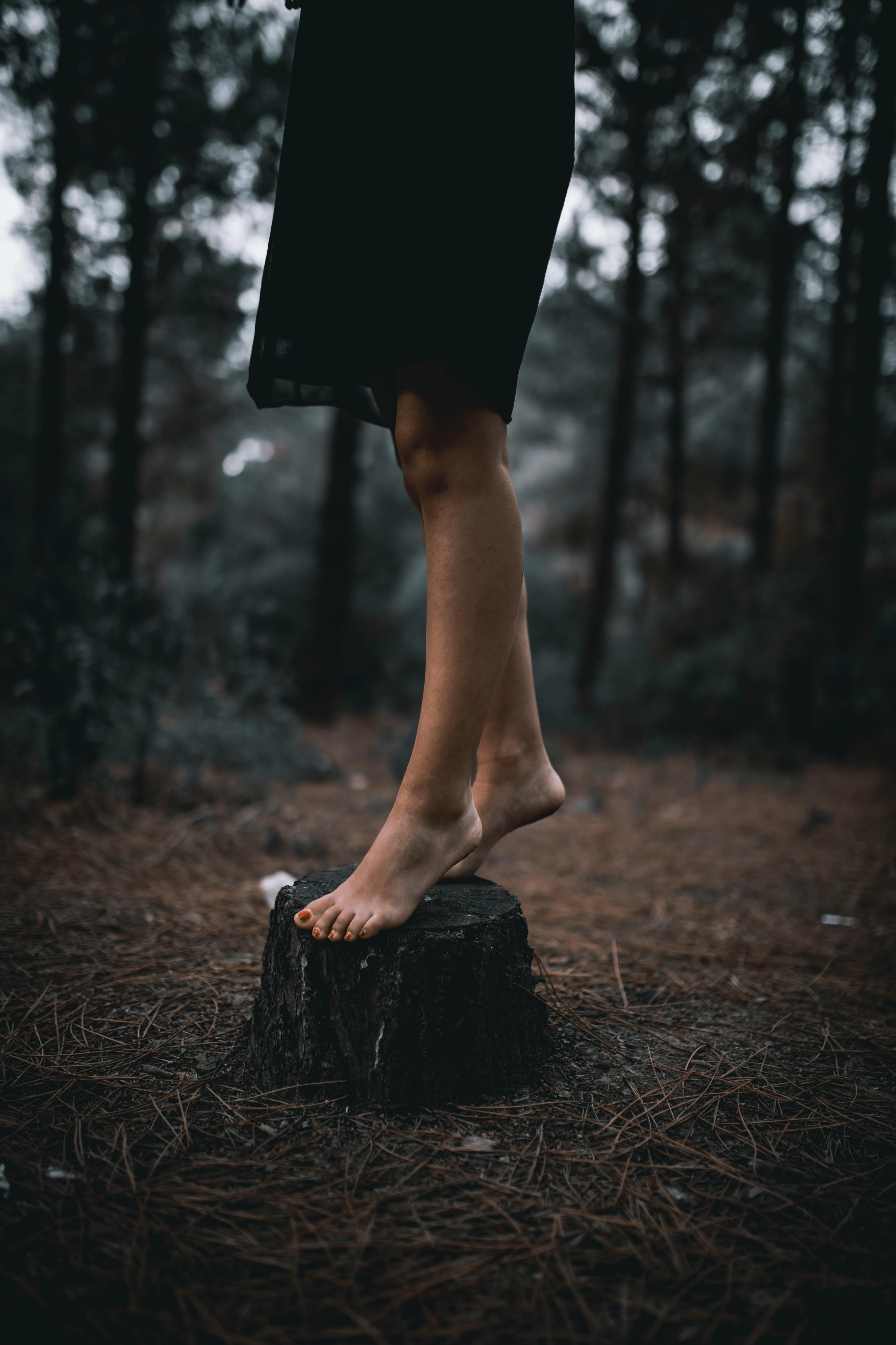 Crop anonymous barefooted female in dress standing on tree stub in lush green misty forest