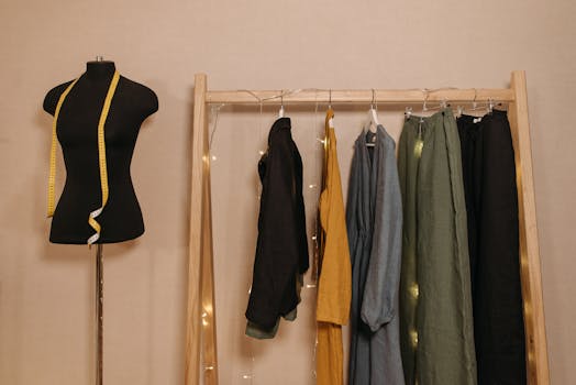 Wardrobe featuring colorful garments on a rack with a mannequin and measuring tape.