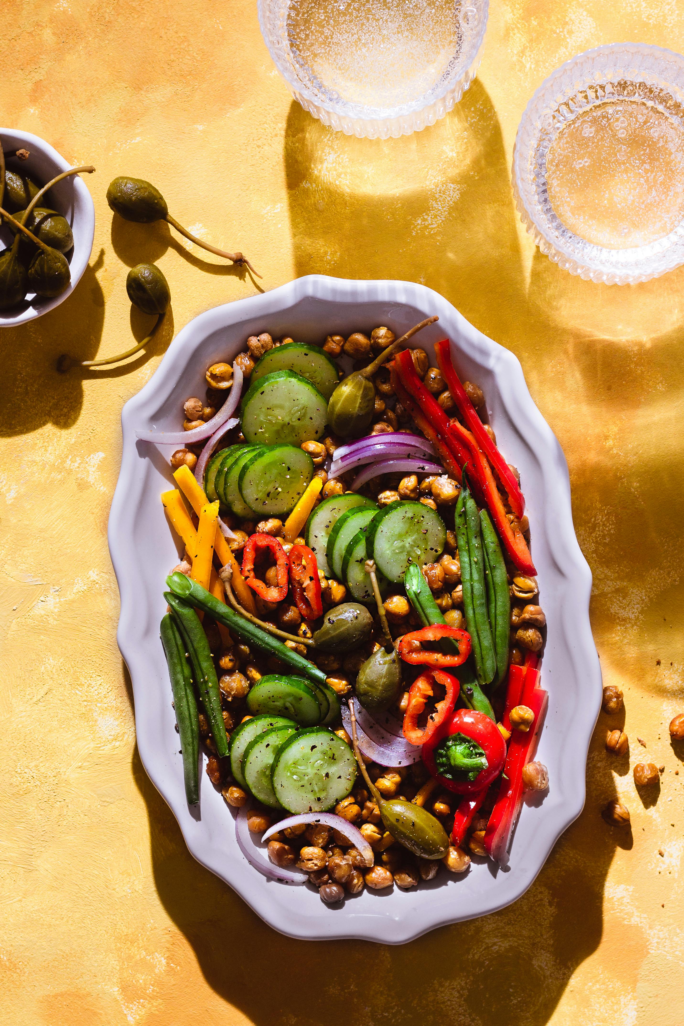 overhead shot of roasted vegetables and chickpeas