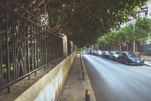 Quiet urban street scene in Beirut with parked cars and lush greenery along the sidewalk.