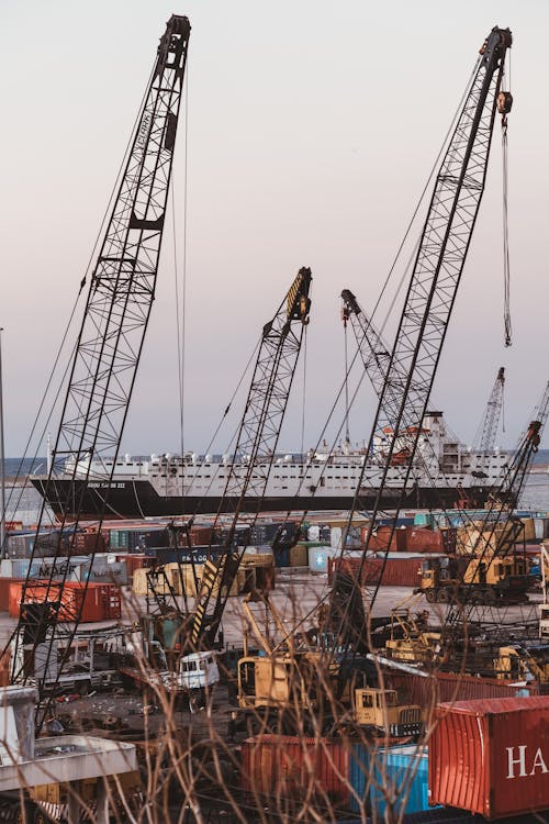 Black and Red Crane Under Gray Sky