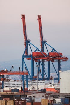 Vibrant red and blue cranes at Beirut port, illustrating bustling industrial shipping activities.