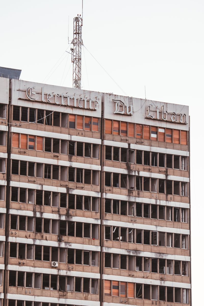 Damaged facade of Beirut's Electricité Du Liban building