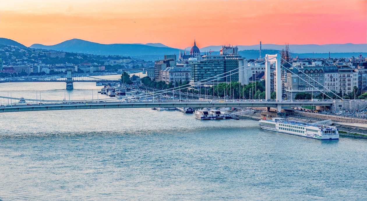 Budapest Cityscape With Szechenyi Chain Bridge At Dusk 