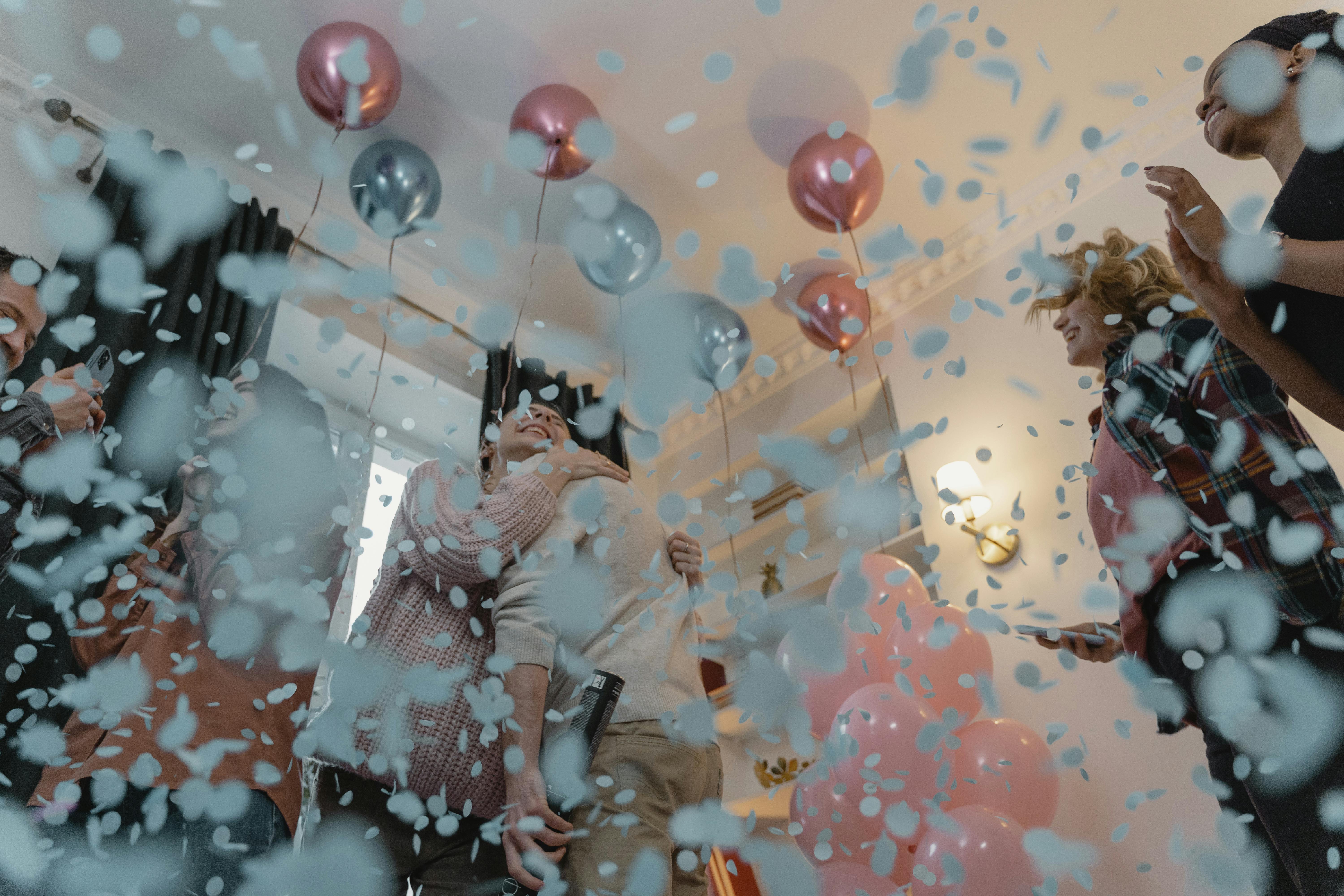 red and white balloons on the ceiling