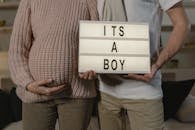 一对怀孕的夫妇在室内举着“这是个男孩”的牌子，庆祝怀上儿子