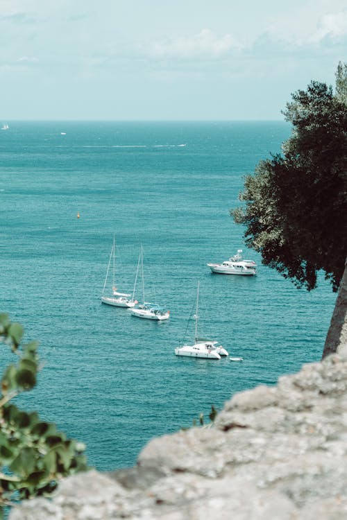White Yacht and Sailboats on Blue Sea