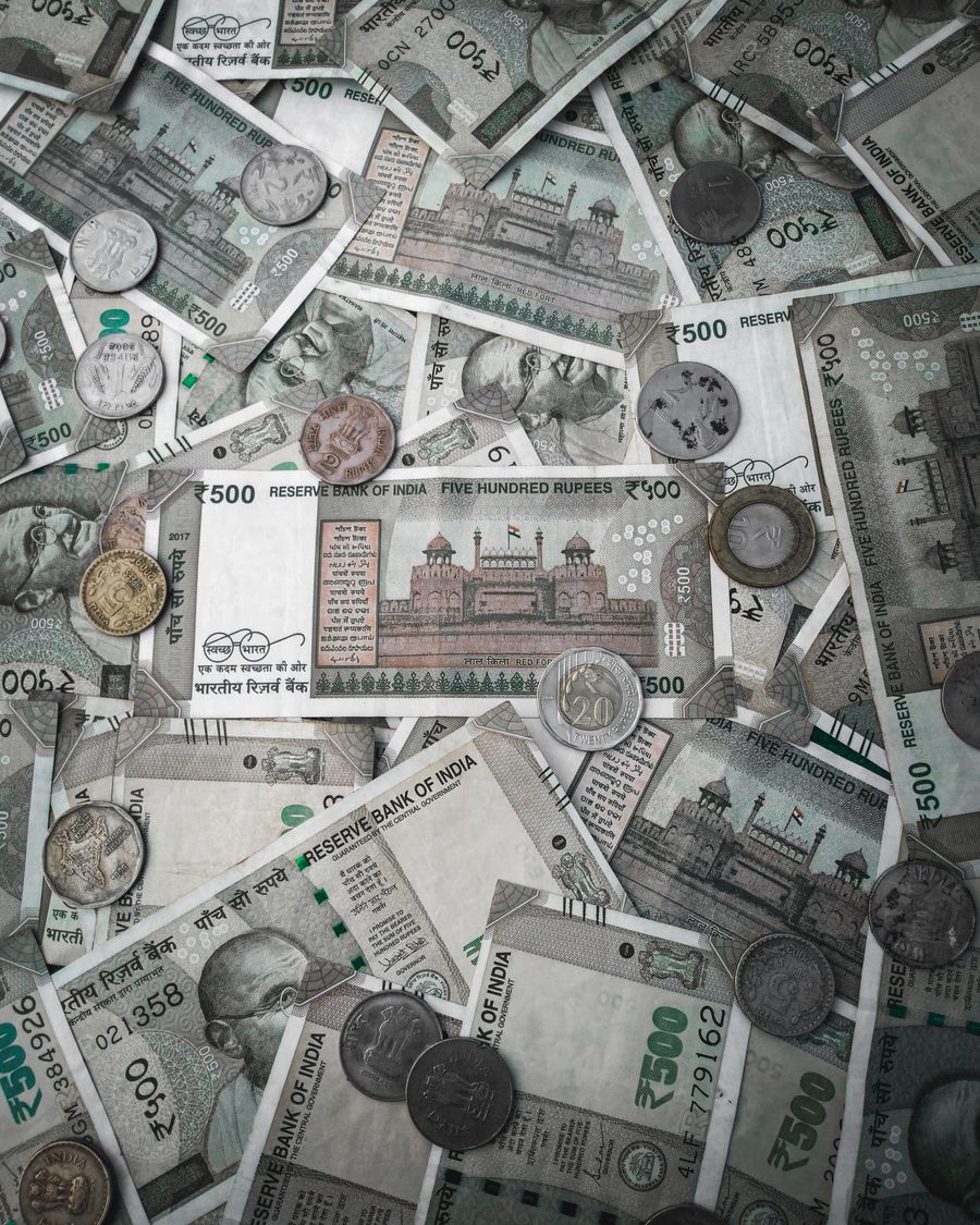 Indian rupee notes and coins