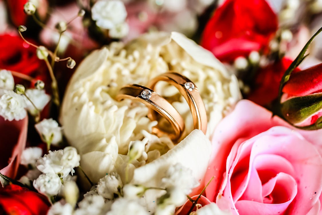 Gold Wedding Ring on Red and Pink Roses · Free Stock Photo