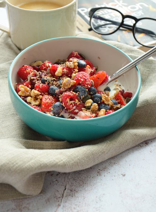 Healthy Fruit Bowl with Strawberries and Blueberries 