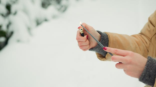 Hands lighting a sparkler during winter, creating a warm contrast against snowy background.