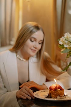 Caucasian woman celebrating birthday with a lit candle on a cake indoors.
