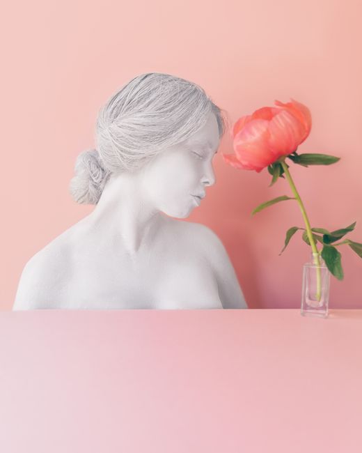 Composition of tender pink flower placed near white female bust against pink background in studio