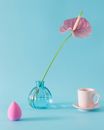 Composition of tender pink anthurium flower in vase placed on blue background near makeup sponge and white cup on saucer