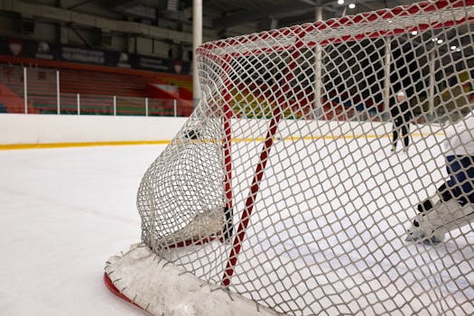 Close-up of a hockey goal on an indoor rink with players practicing in the background.
