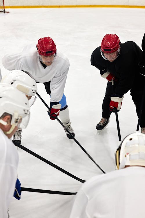 A Group of Hockey Players Holding Hockey Sticks in a Formation Before the Game