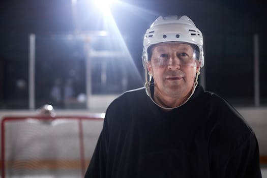 Close-up of a hockey player wearing protective gear standing on an ice rink with a net in the background.