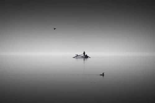 Free Moody black and white image of boat and birds on a foggy lake in Kastoria, Greece. Stock Photo