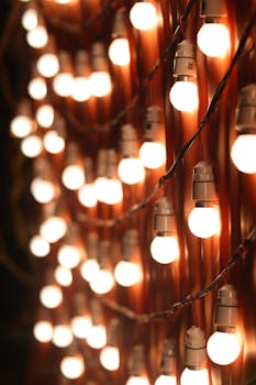 Close-up of warm glowing string lights creating a cozy ambiance at night.