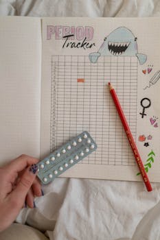 Creative period tracker notebook with a hand holding birth control pills.