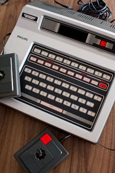Retro Philips game console on wooden surface, featuring classic controllers and keyboard design.