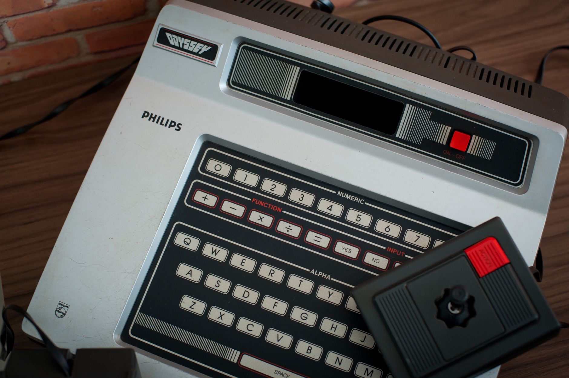 Close-up of a Philips Odyssey 2 gaming console showcasing vintage technology.