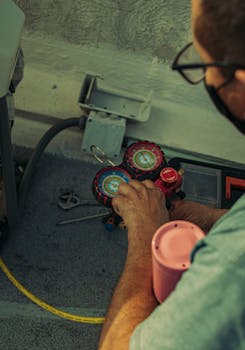 Professional technician adjusting a refrigerant manifold gauge for air conditioning maintenance.