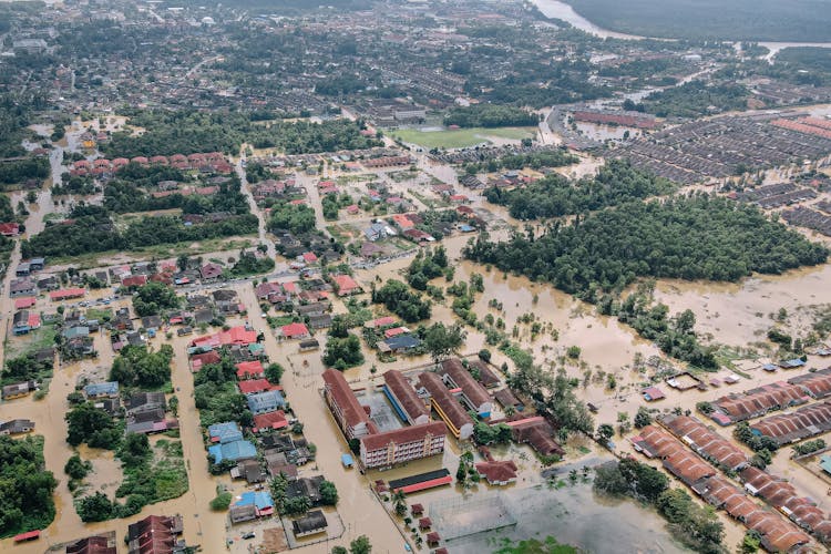 Flooded Town With Residential Buildings And Trees