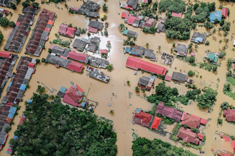 Flooded Small Village With Houses