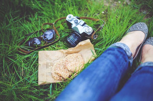 Girl resting on green grass with cookies and camera