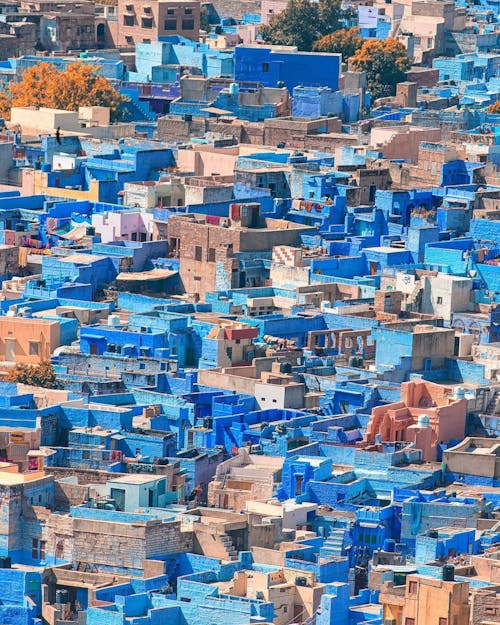 Aerial Shot of Brown and Blue Houses in Jodhpur India