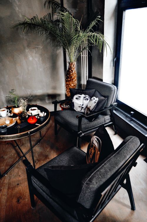 Free Elegant living room with modern decor and tropical plants enhancing the ambiance. Stock Photo