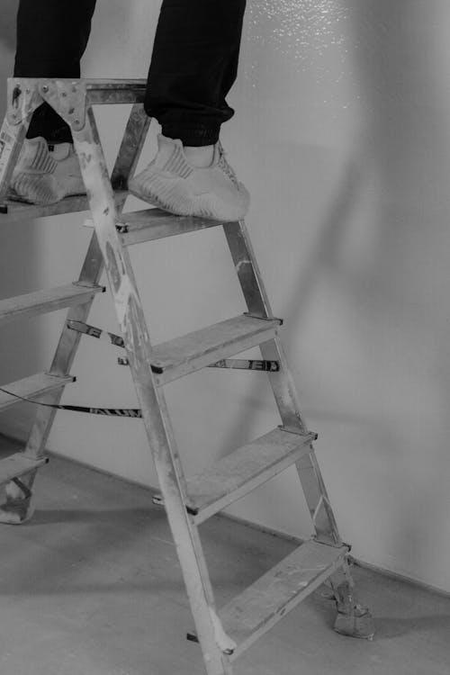 Grayscale Photo of a Person on a Ladder