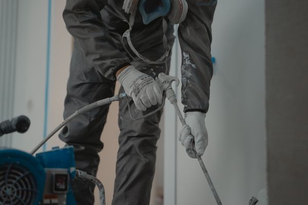 A worker in protective coveralls holding spray equipment indoors