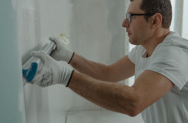 Worker applying drywall compound to a wall