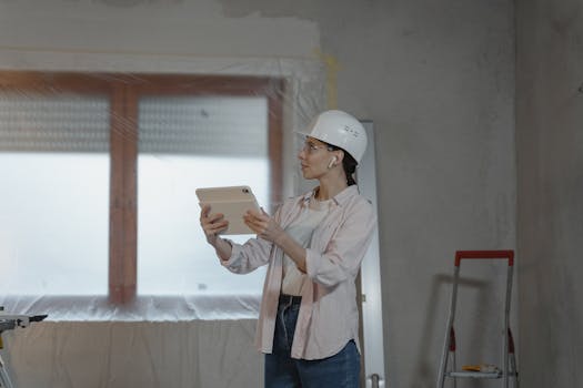 A female architect wearing a hard hat uses a tablet on a construction site for interior design planning.
