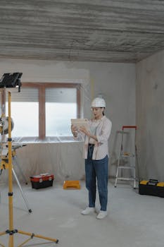 Woman in construction helmet reviewing plans on a tablet at an indoor renovation site.