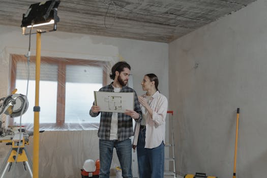 A couple reviews a blueprint in a partially renovated room, planning home improvements.