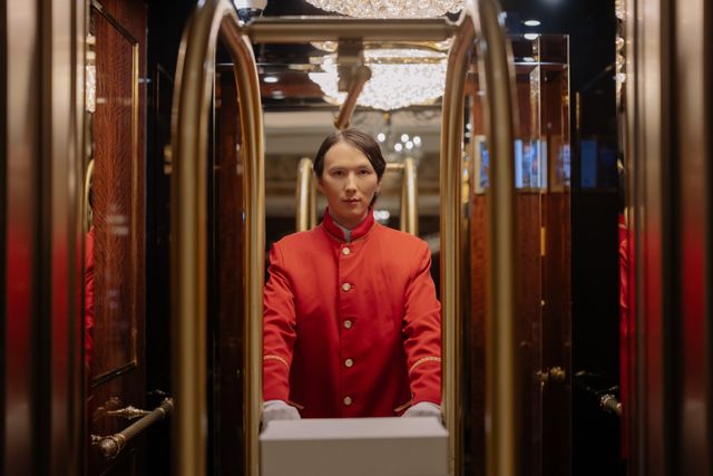 Bellboy in red uniform with luggage cart in luxurious hotel setting. Related image for How Independent Hotels Can Build a Practical Tech Stack.