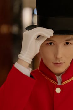 Portrait of a stylish hotel doorman adjusting his top hat, showcasing hospitality and service with elegance.