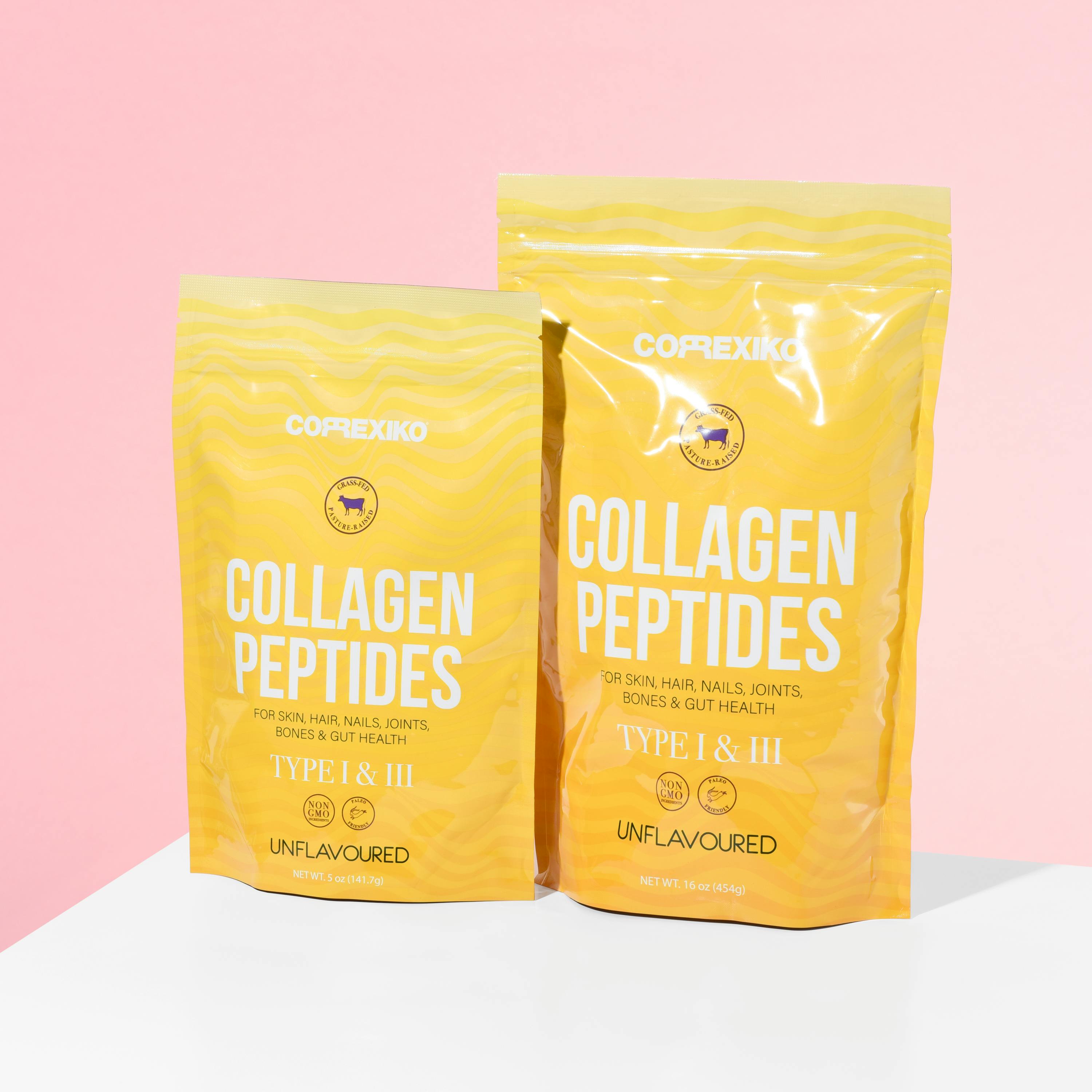 product shoot of collagen supplements on a yellow packet